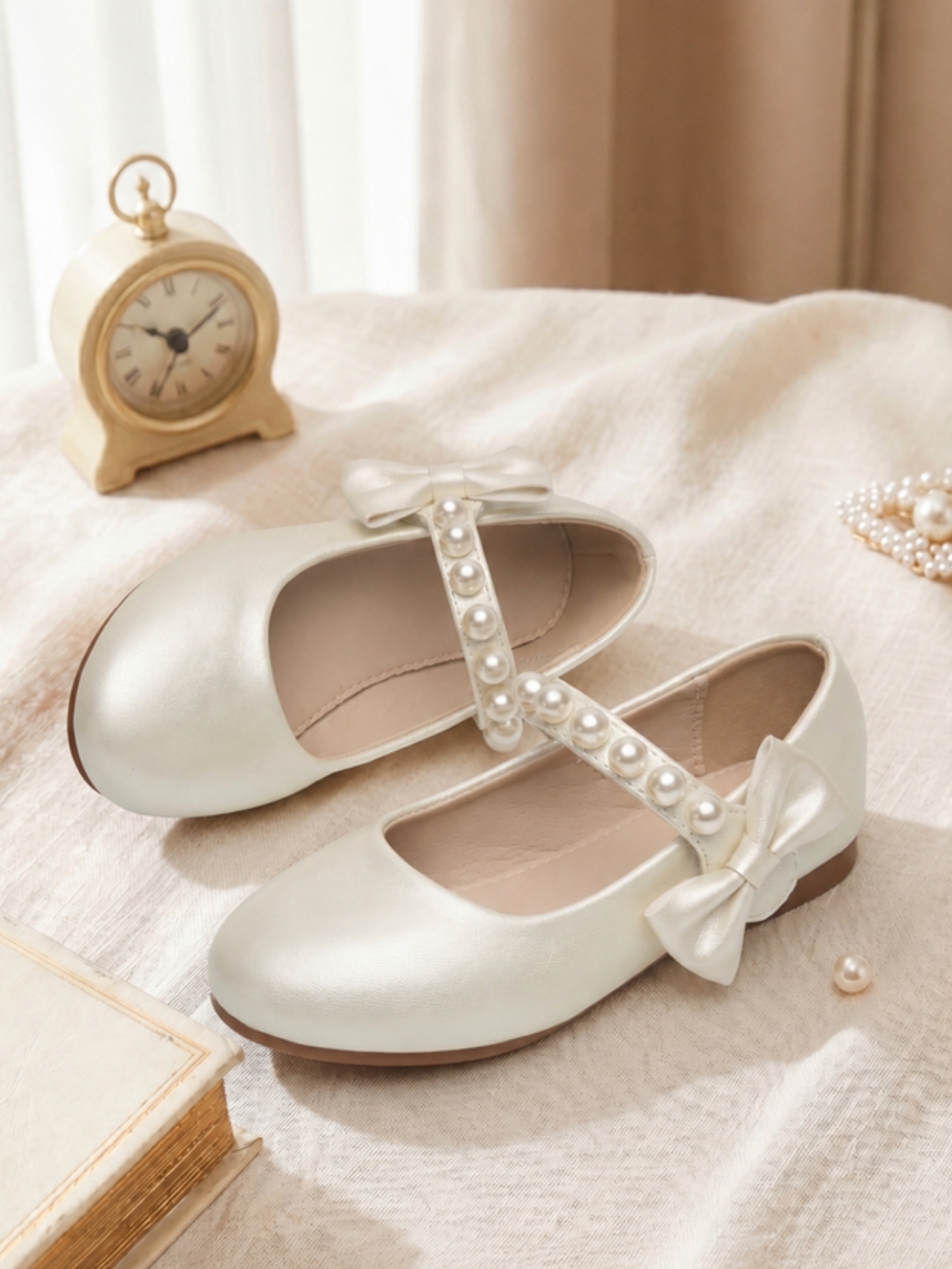 Girls White Pearl Embellished Mary Jane Flats