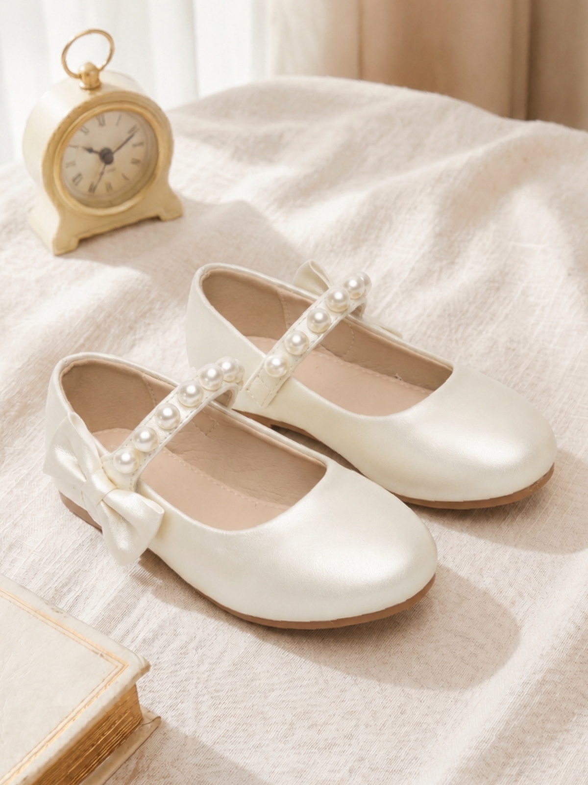 Girls White Pearl Embellished Mary Jane Flats