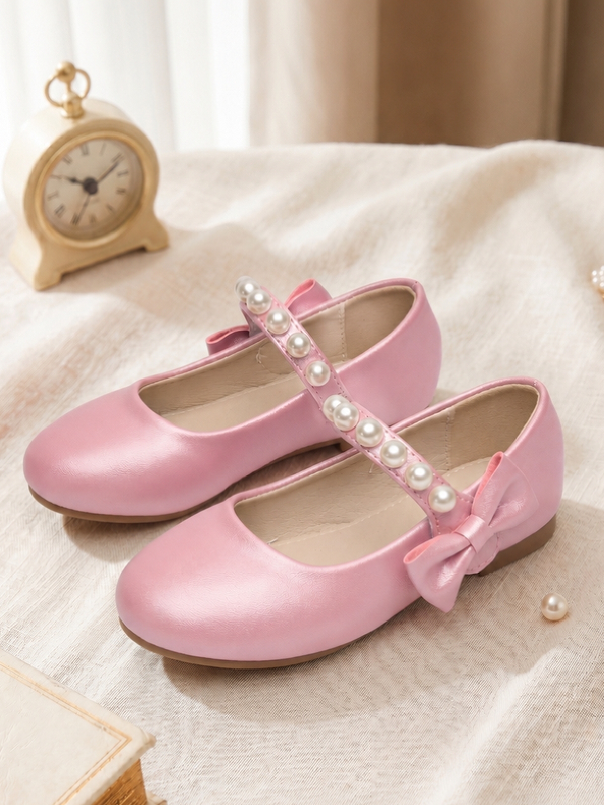 Girls Pink Satin Mary Jane Ballerinas with Pearl Strap