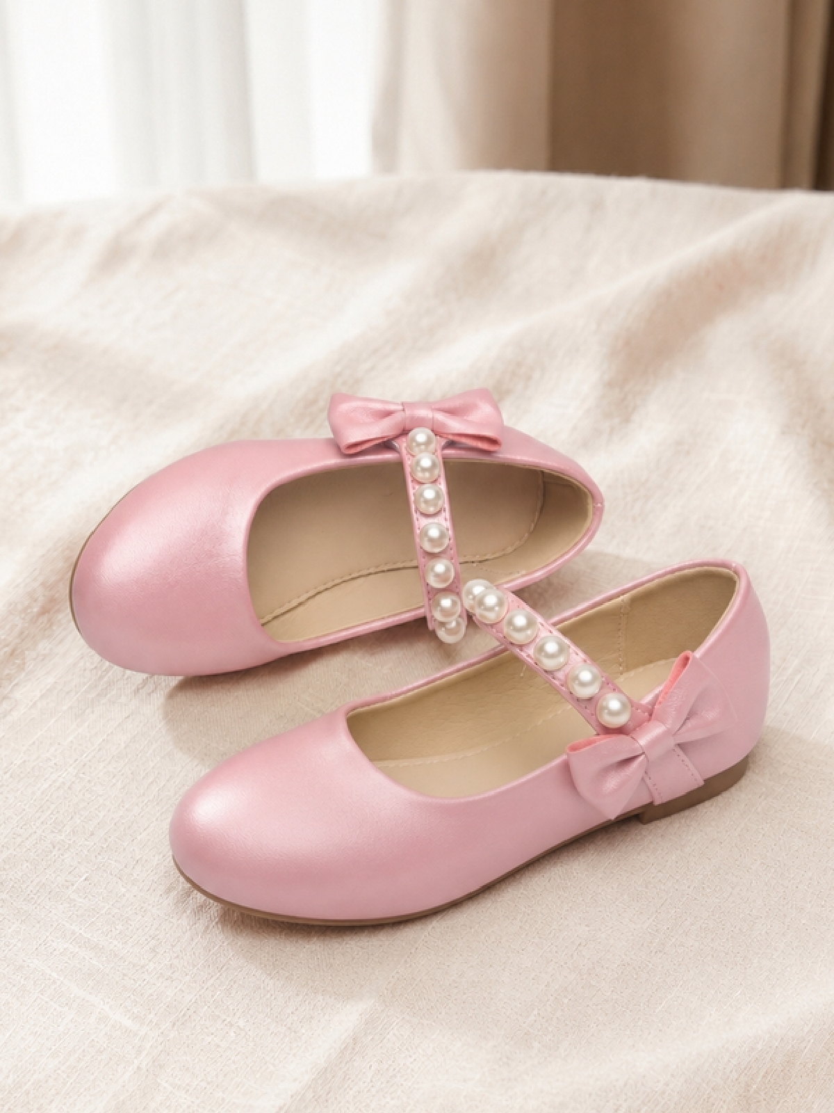Girls Pink Satin Mary Jane Ballerinas with Pearl Strap