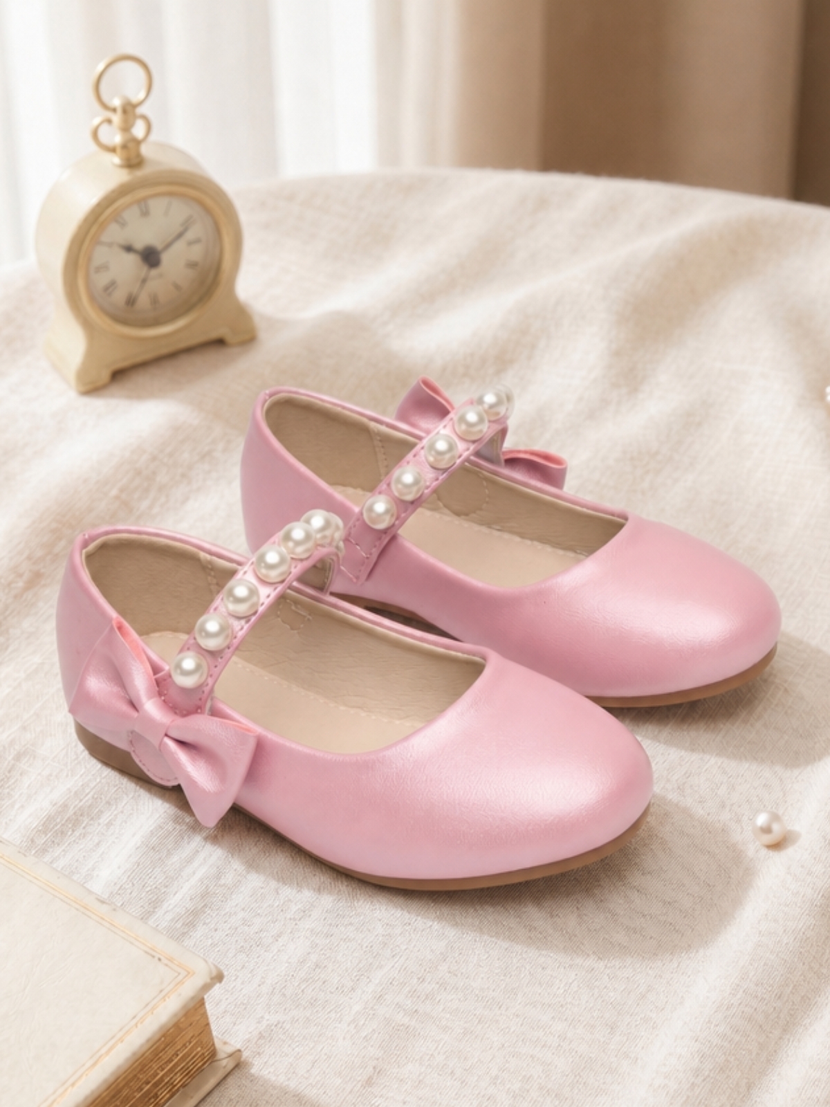 Girls Pink Satin Mary Jane Ballerinas with Pearl Strap