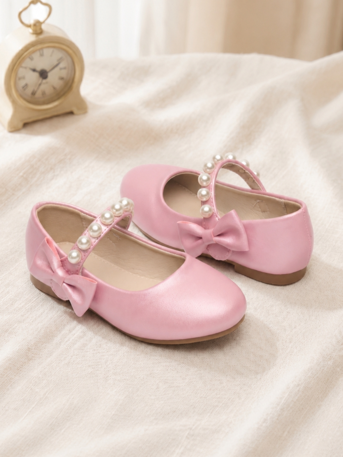 Girls Pink Satin Mary Jane Ballerinas with Pearl Strap
