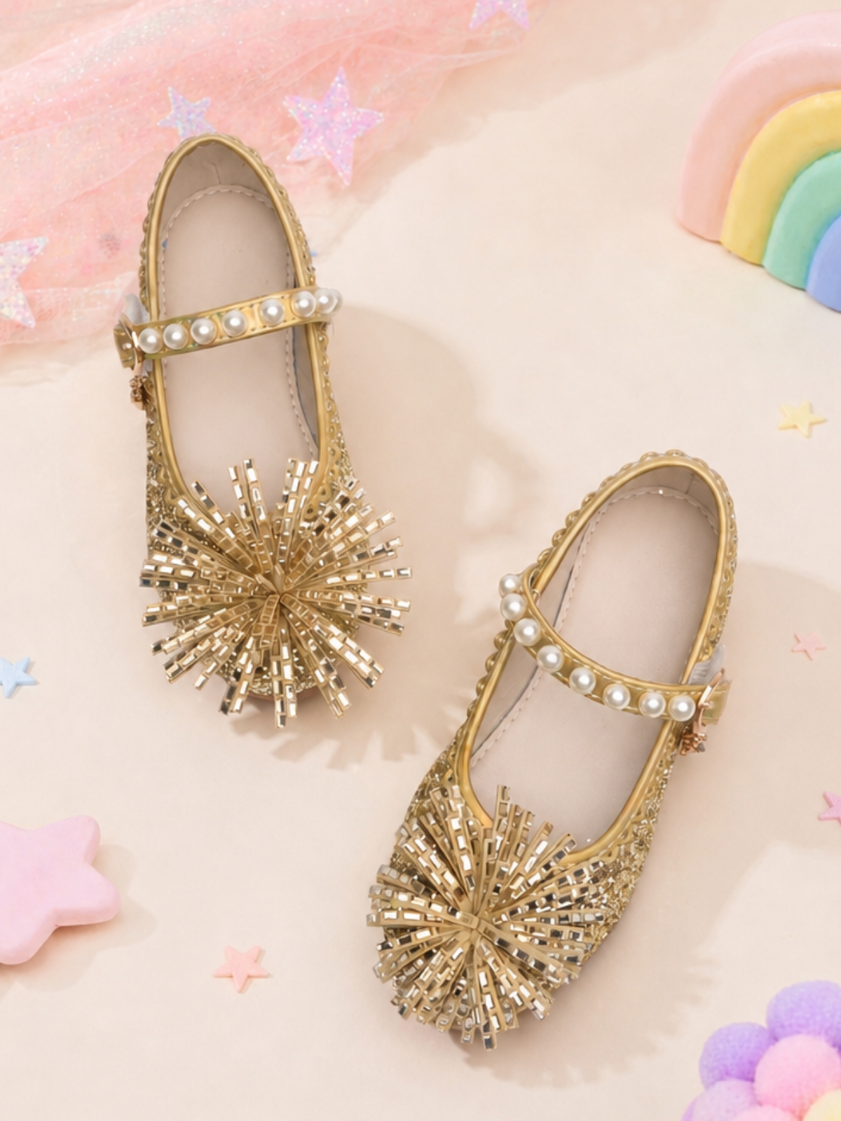 Girls Gold Glitter Pearl Strap Ballerina Flats with Floral Embellishment