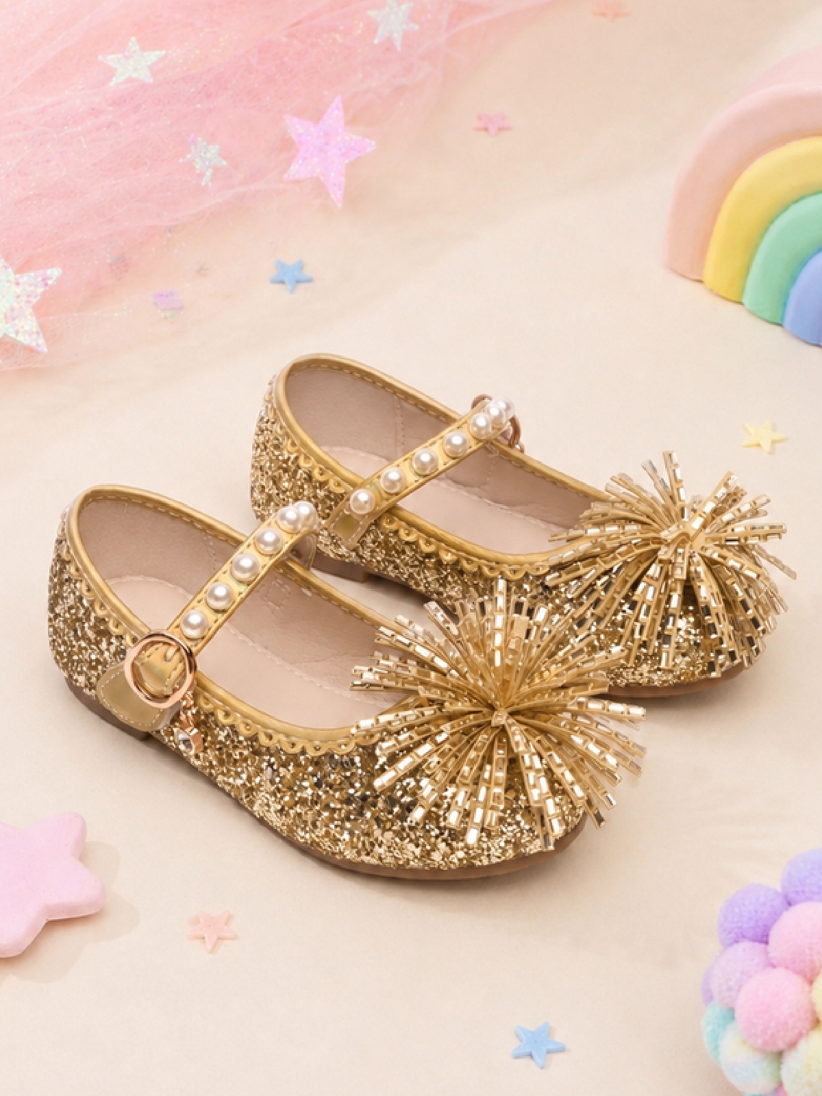 Girls Gold Glitter Pearl Strap Ballerina Flats with Floral Embellishment