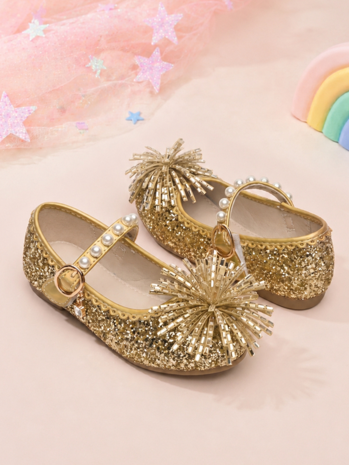 Girls Gold Glitter Pearl Strap Ballerina Flats with Floral Embellishment