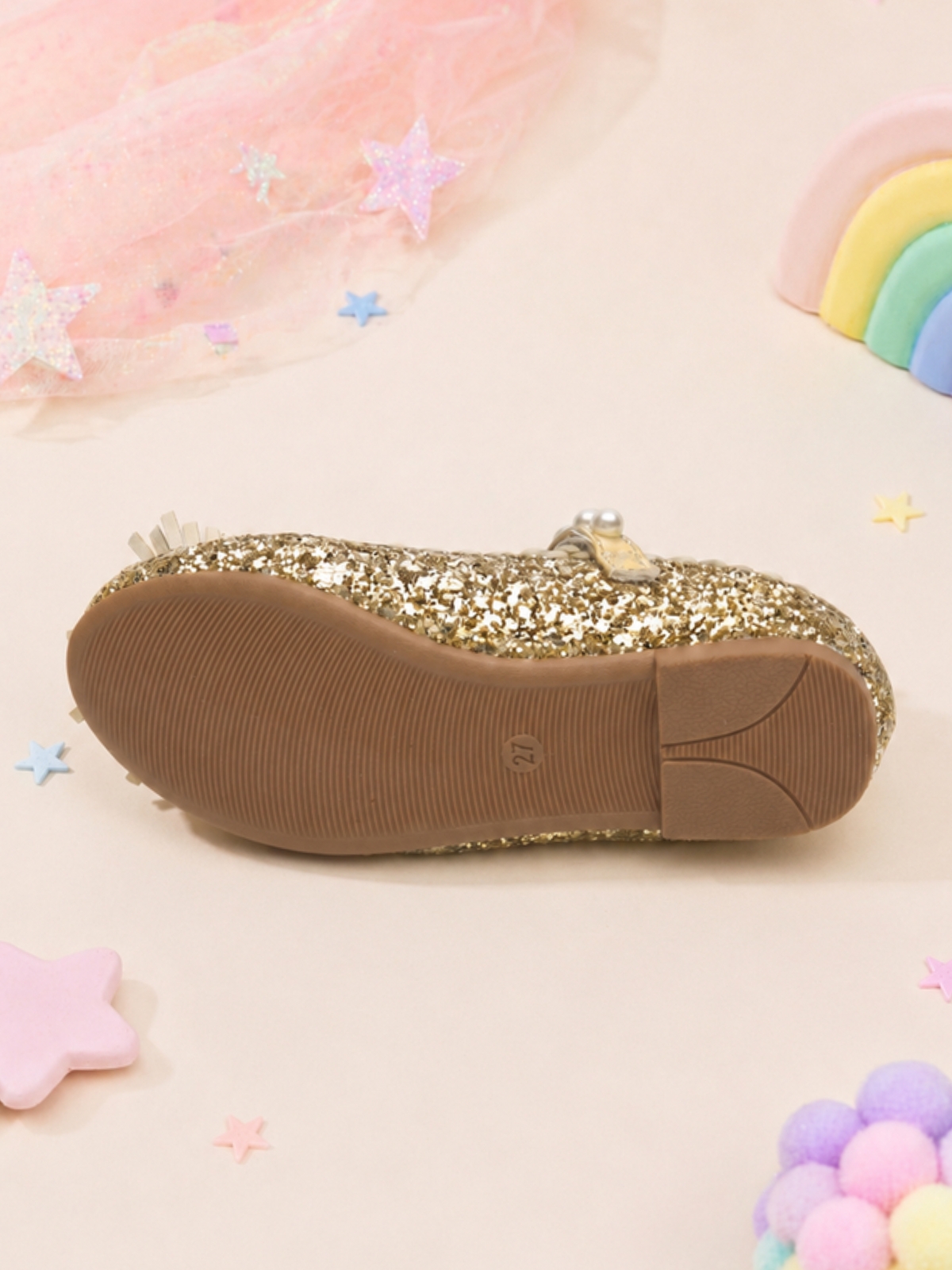 Girls Gold Glitter Pearl Strap Ballerina Flats with Floral Embellishment