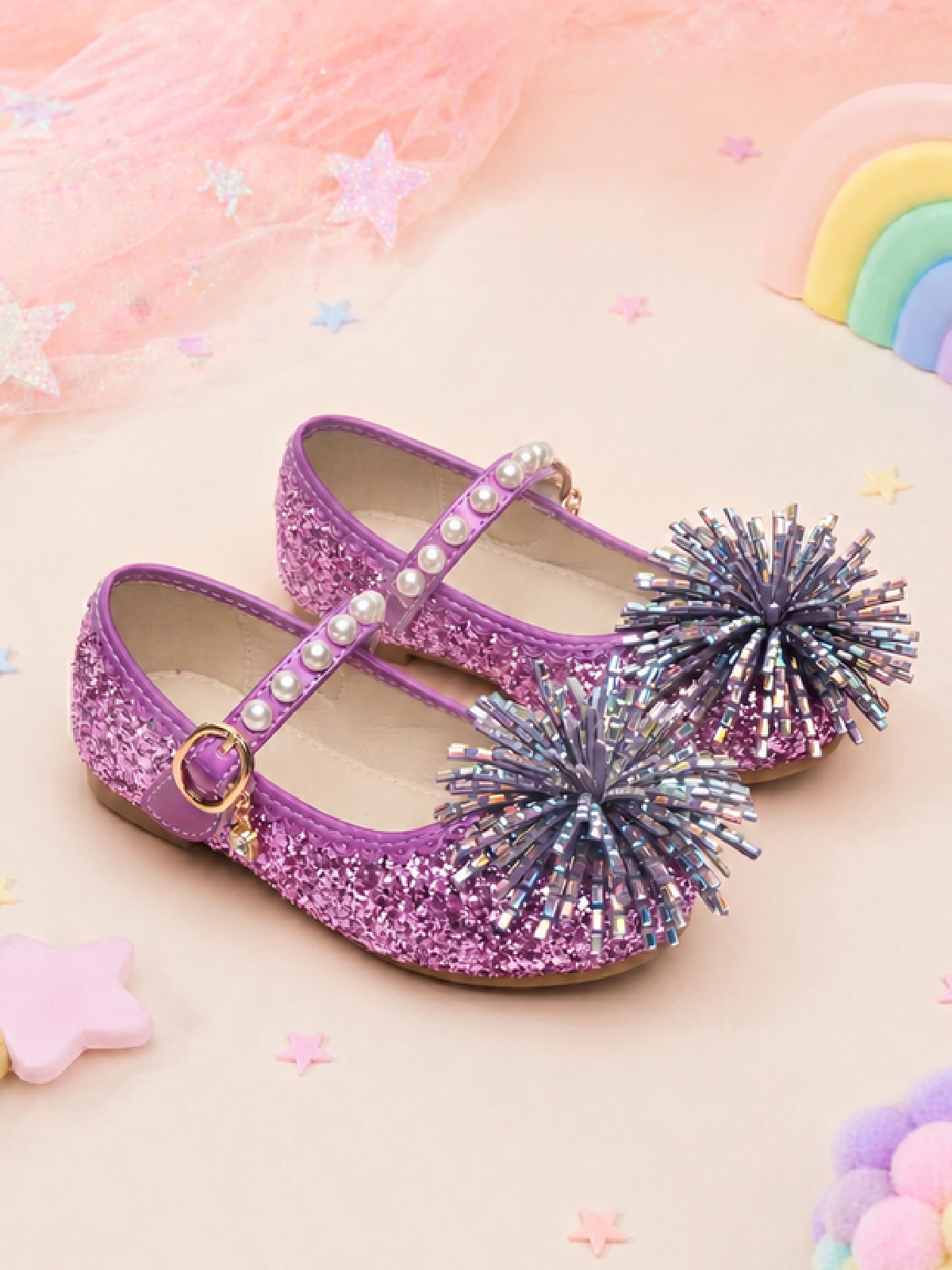 Girls Purple Glitter Mary Jane Flats with Pearl Strap and Floral Embellishment