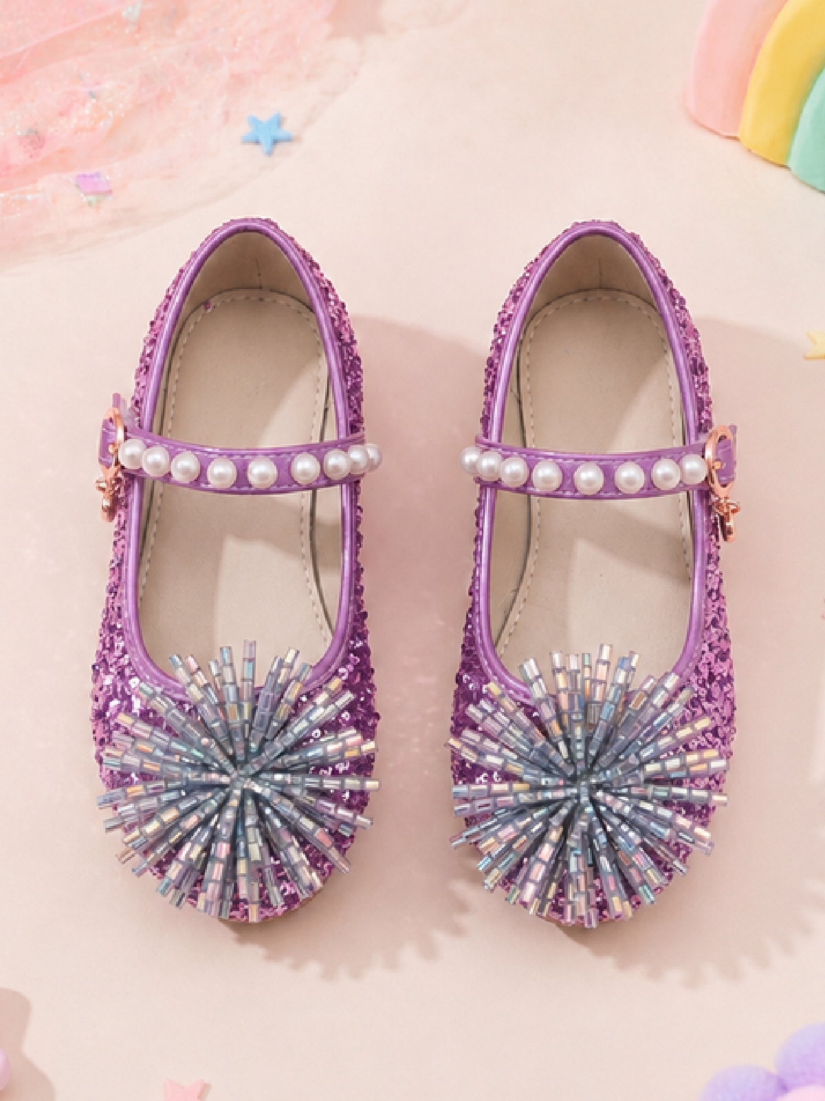 Girls Purple Glitter Mary Jane Flats with Pearl Strap and Floral Embellishment