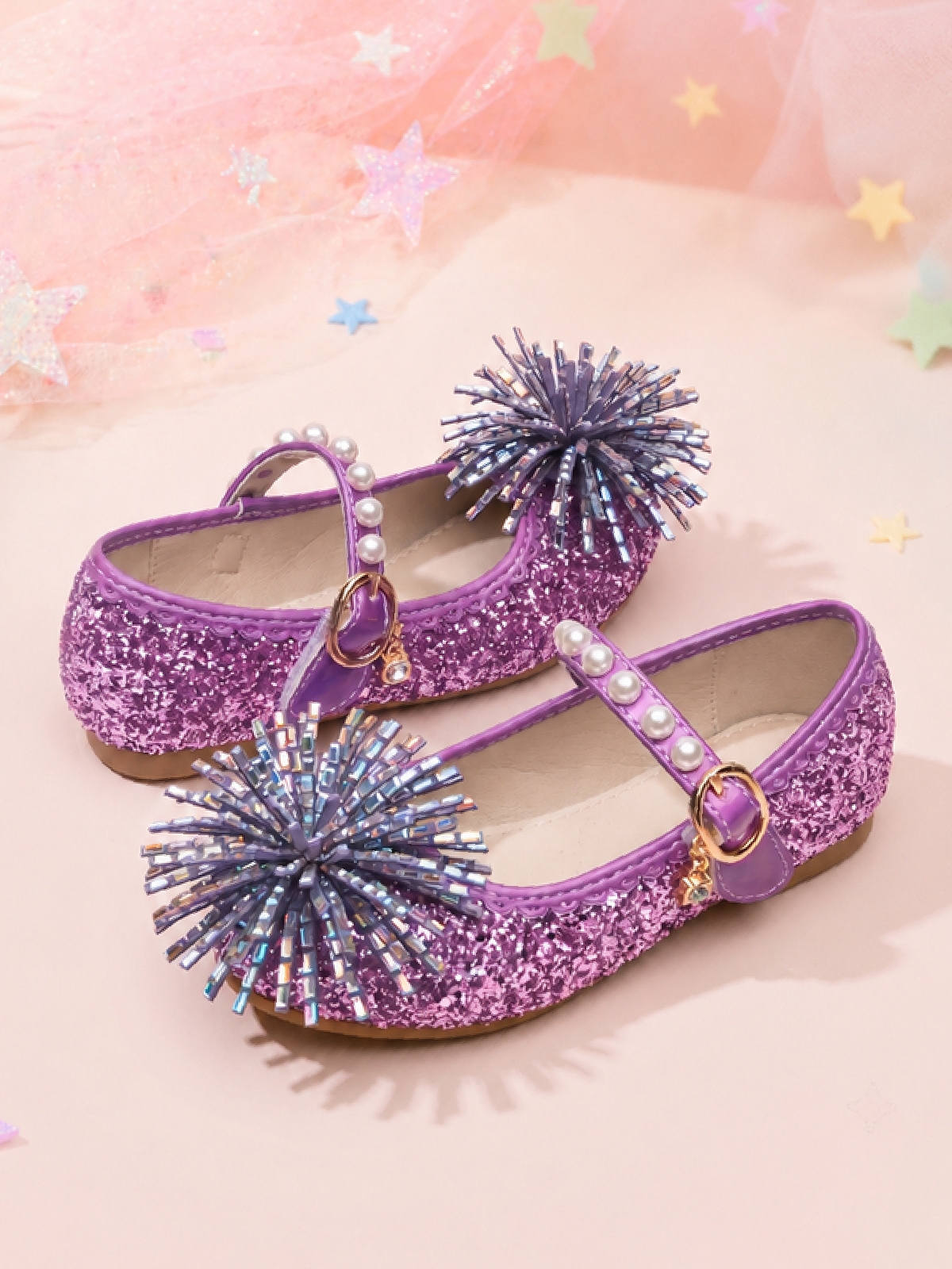Girls Purple Glitter Mary Jane Flats with Pearl Strap and Floral Embellishment