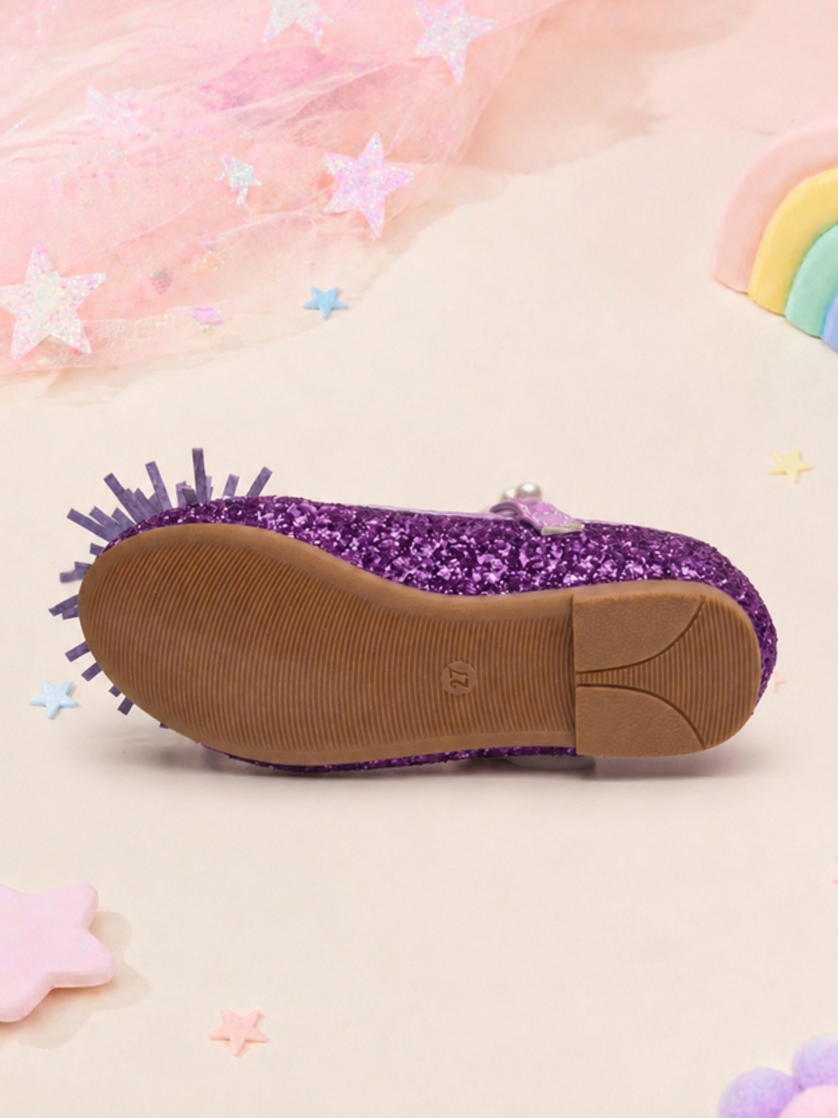 Girls Purple Glitter Mary Jane Flats with Pearl Strap and Floral Embellishment
