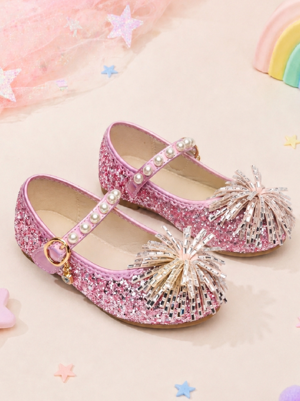 Pink Glitter Pearl Strap Ballerinas