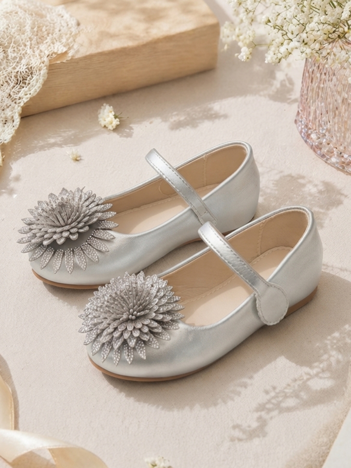 Girls Silver Floral Ballerina Flats with Velcro Closure