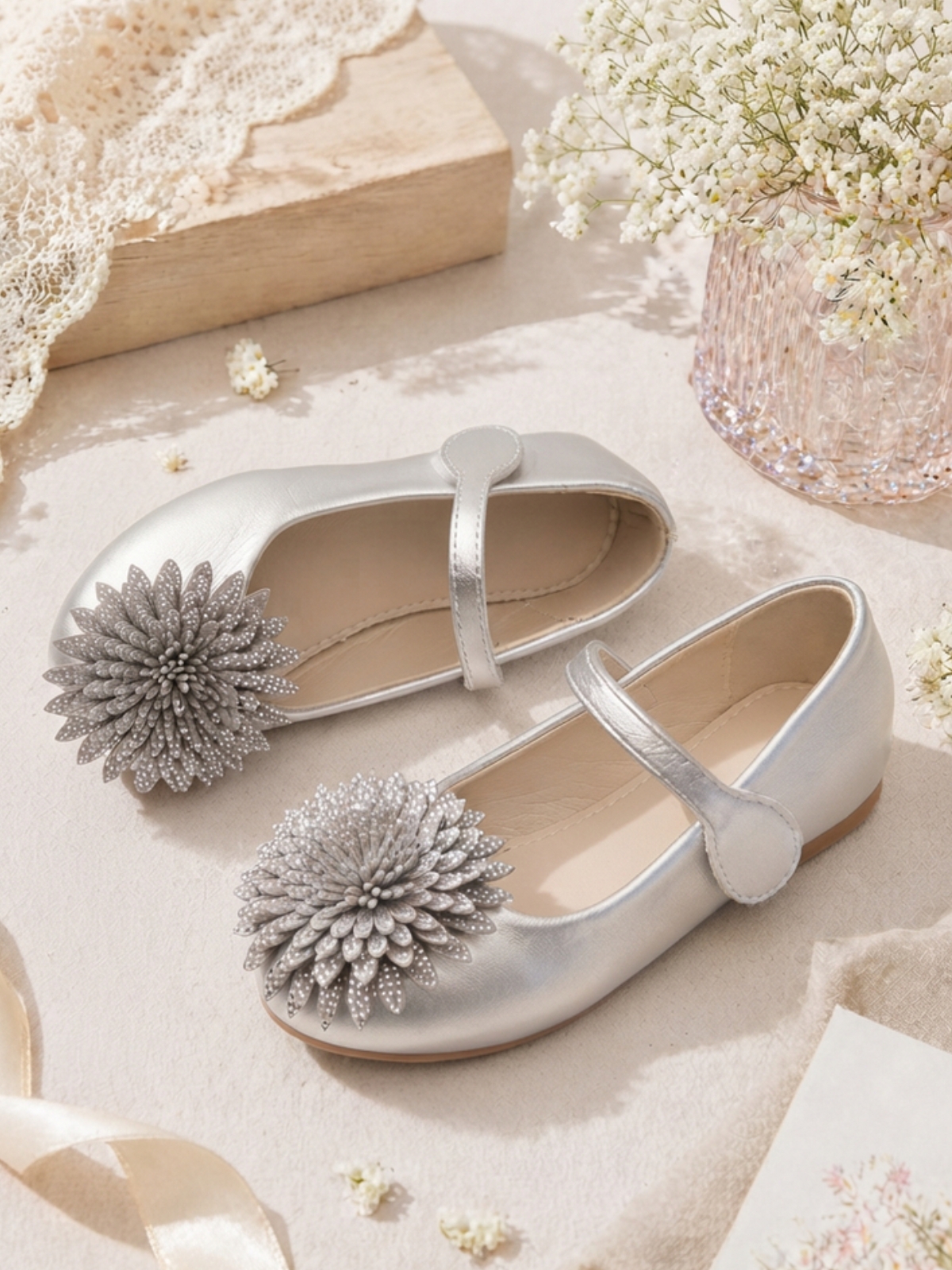 Girls Silver Floral Ballerina Flats with Velcro Closure