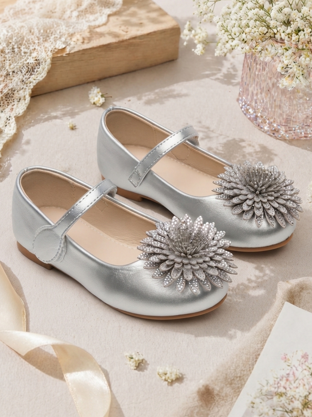 Girls Silver Floral Ballerina Flats with Velcro Closure