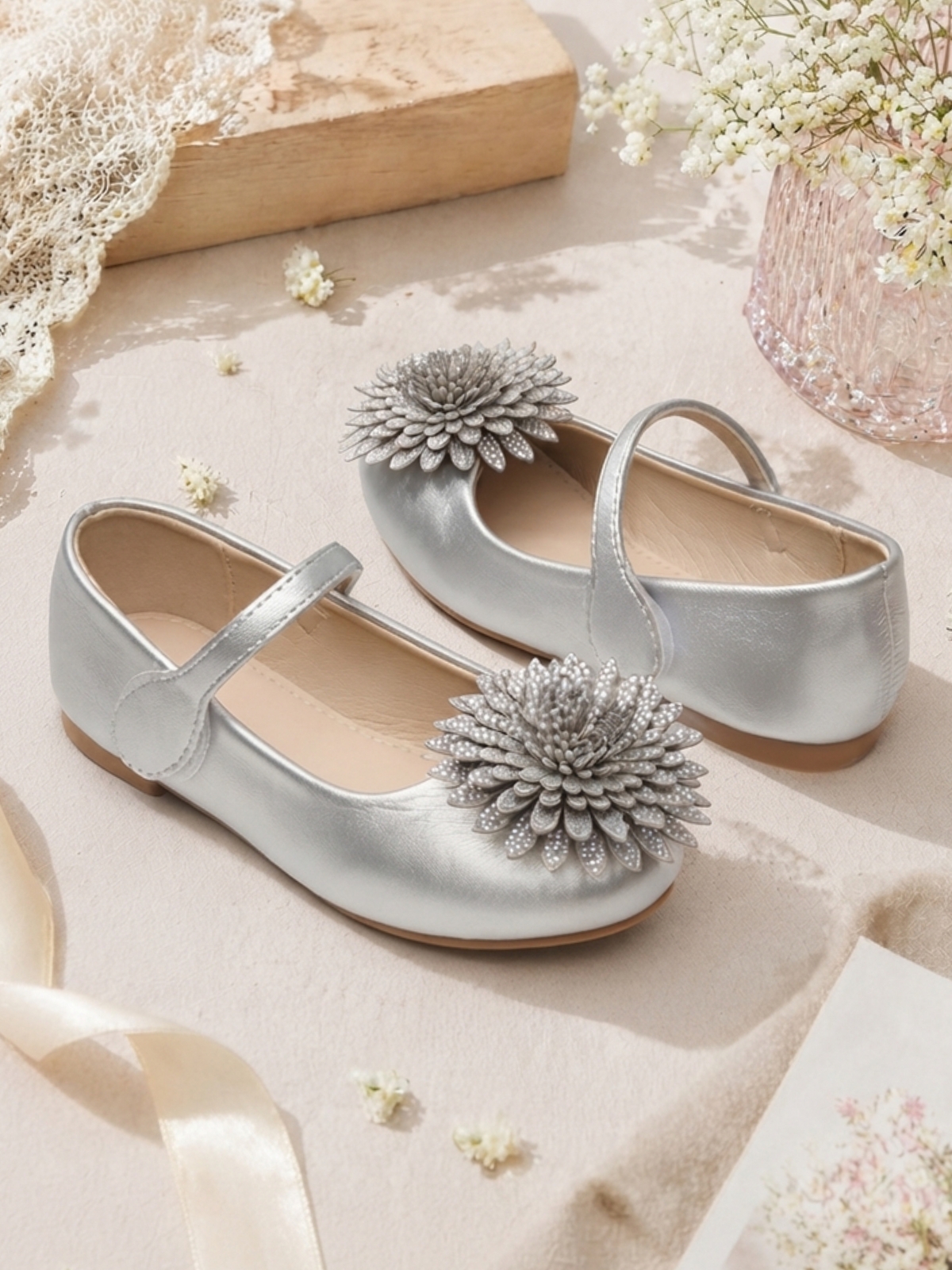 Girls Silver Floral Ballerina Flats with Velcro Closure