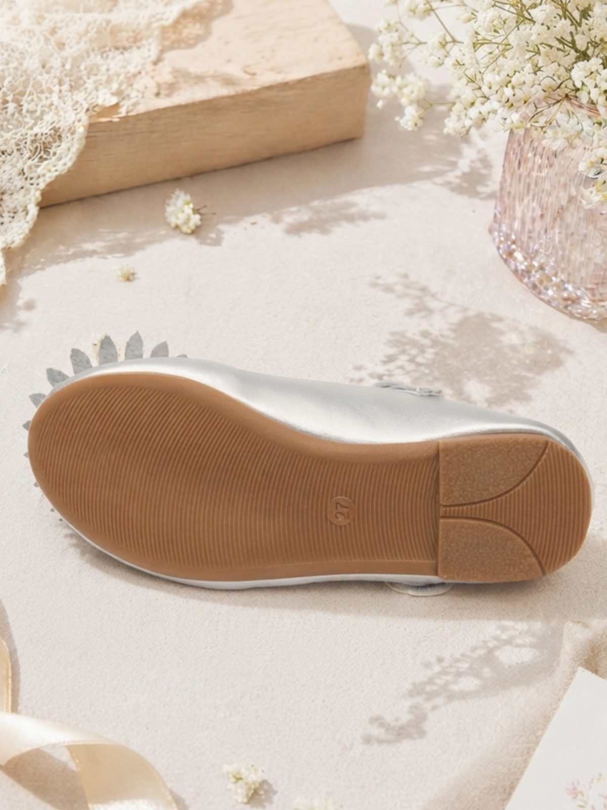 Girls Silver Floral Ballerina Flats with Velcro Closure