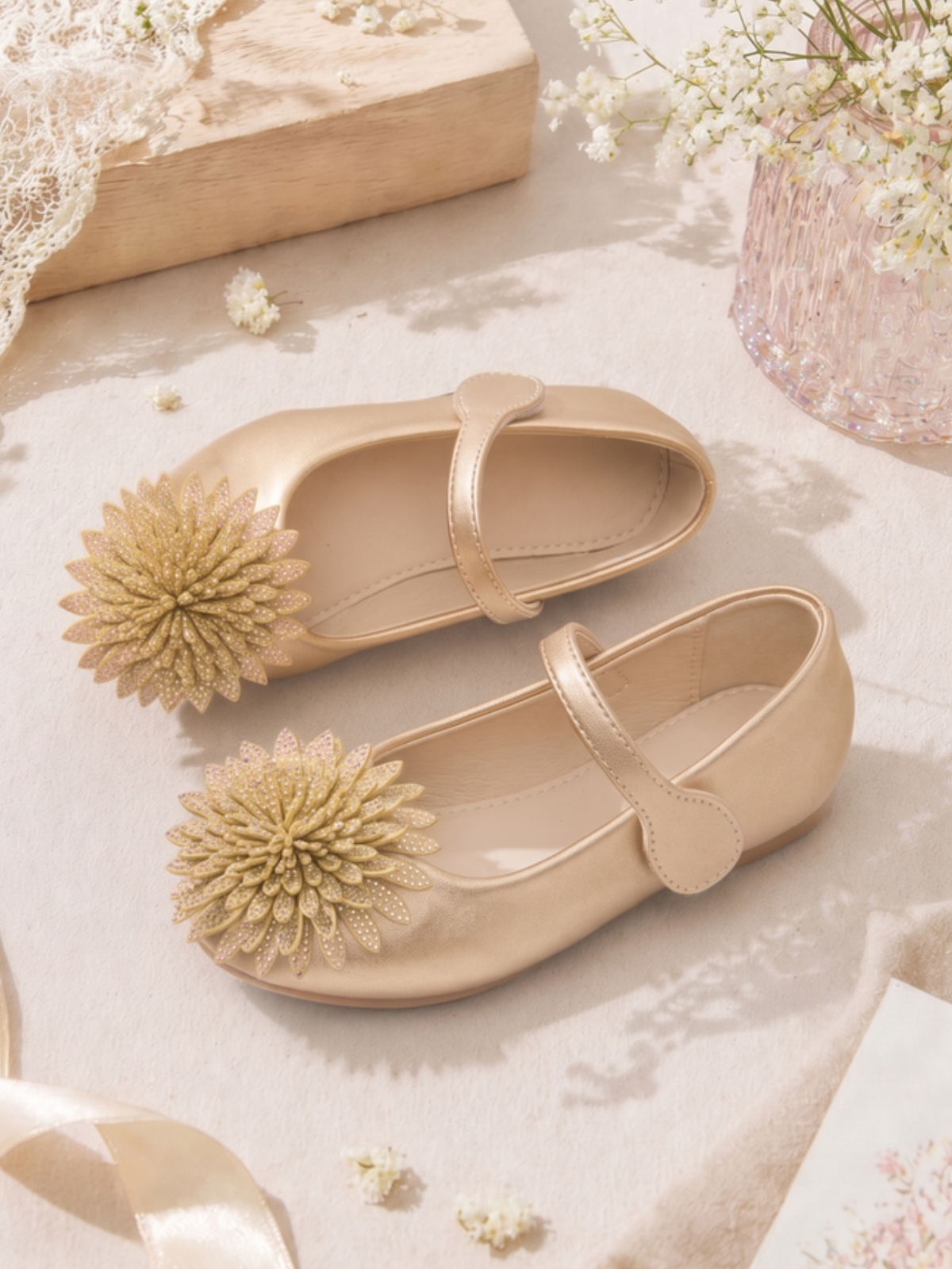Girls Gold Floral Velcro Mary Jane Flats
