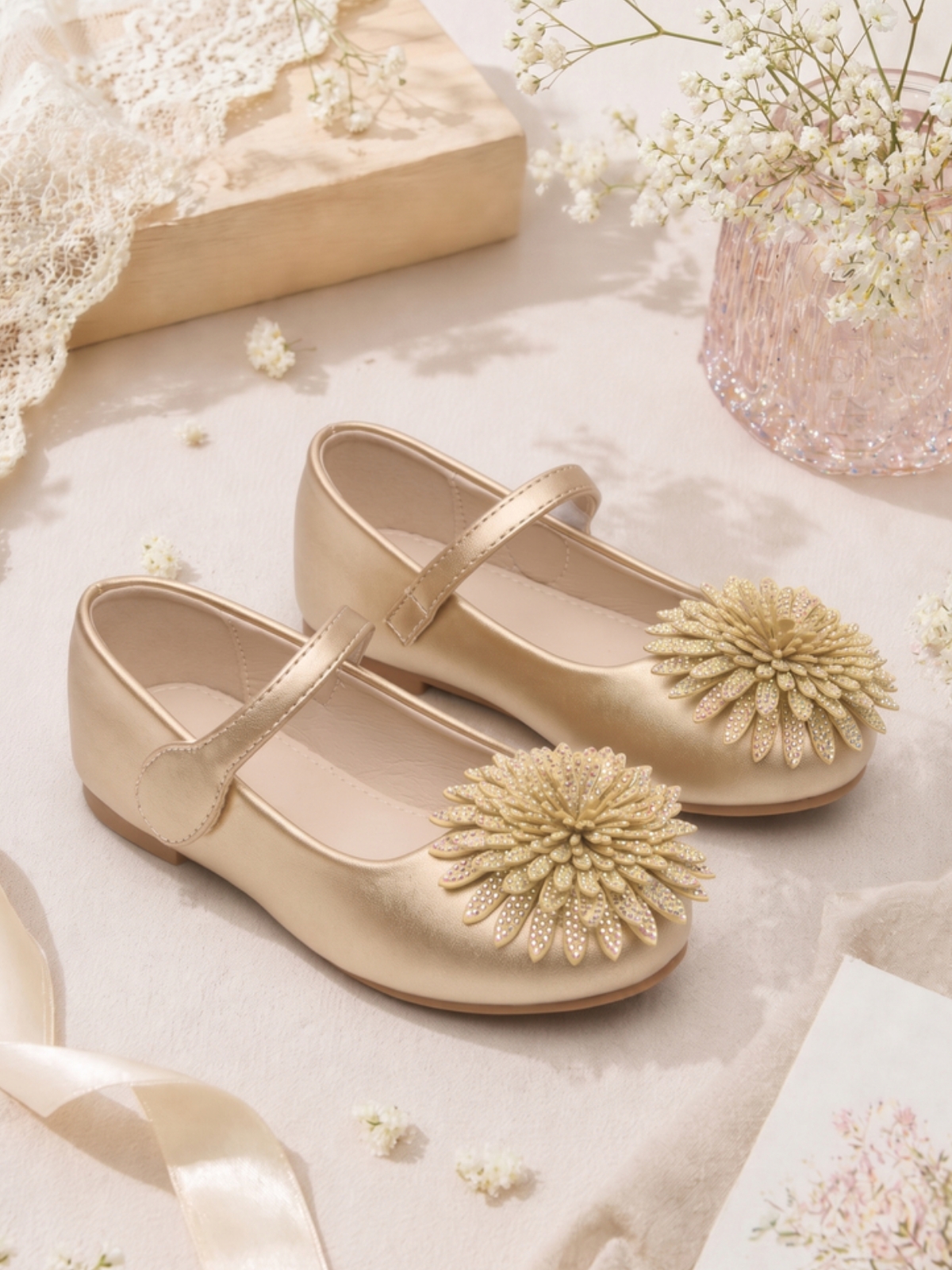 Girls Gold Floral Velcro Mary Jane Flats