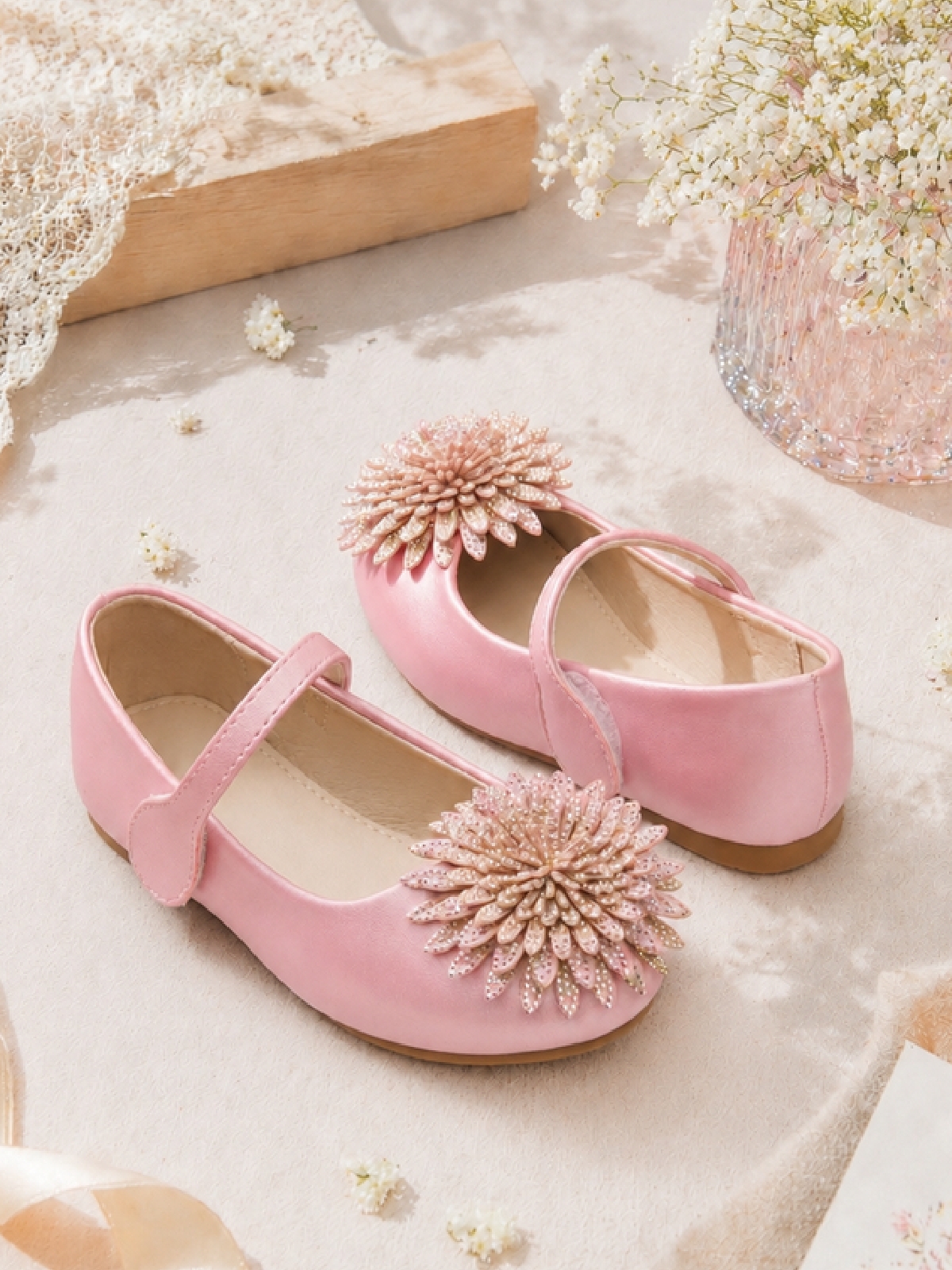 Pink Embellished Velcro Ballerina Flats