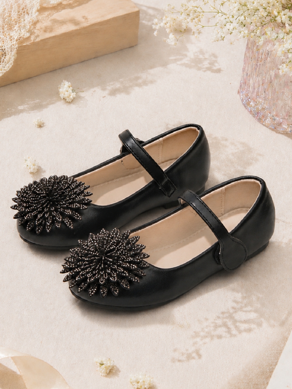 Girls Black Embellished Velcro Ballerina Flats