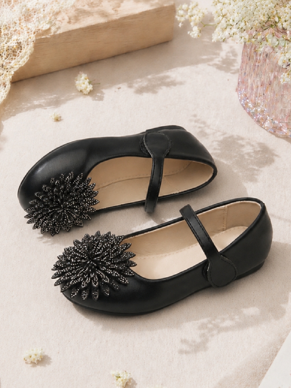 Girls Black Embellished Velcro Ballerina Flats