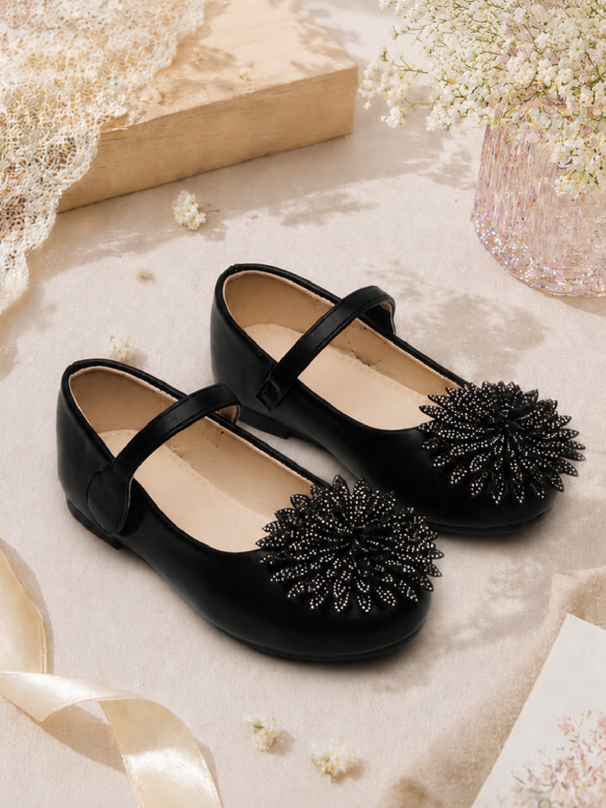 Girls Black Embellished Velcro Ballerina Flats