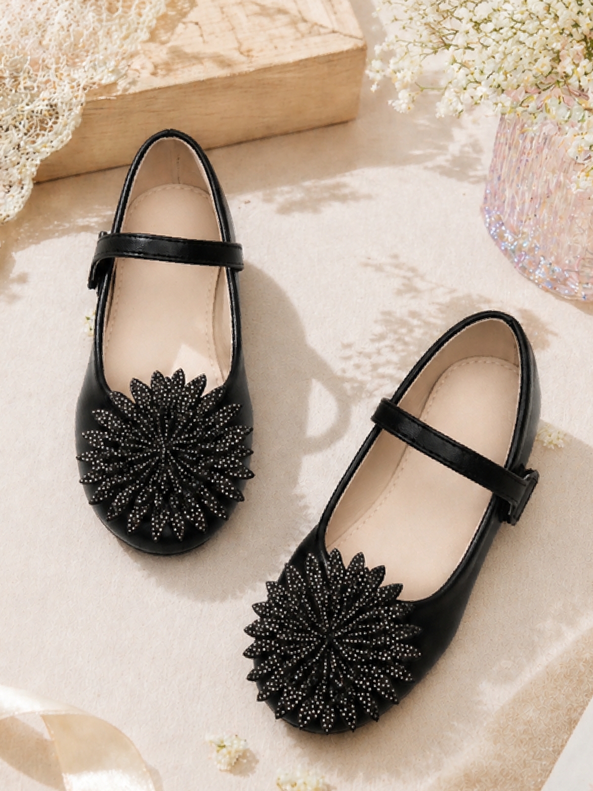 Girls Black Embellished Velcro Ballerina Flats