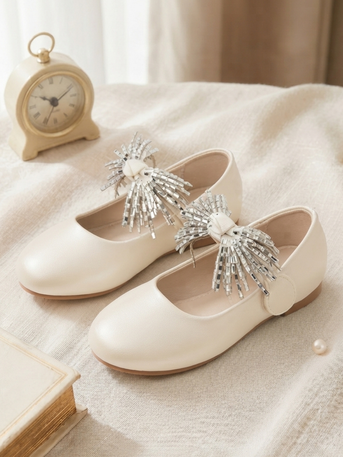 Girls Off-White Embellished Velcro Ballerinas