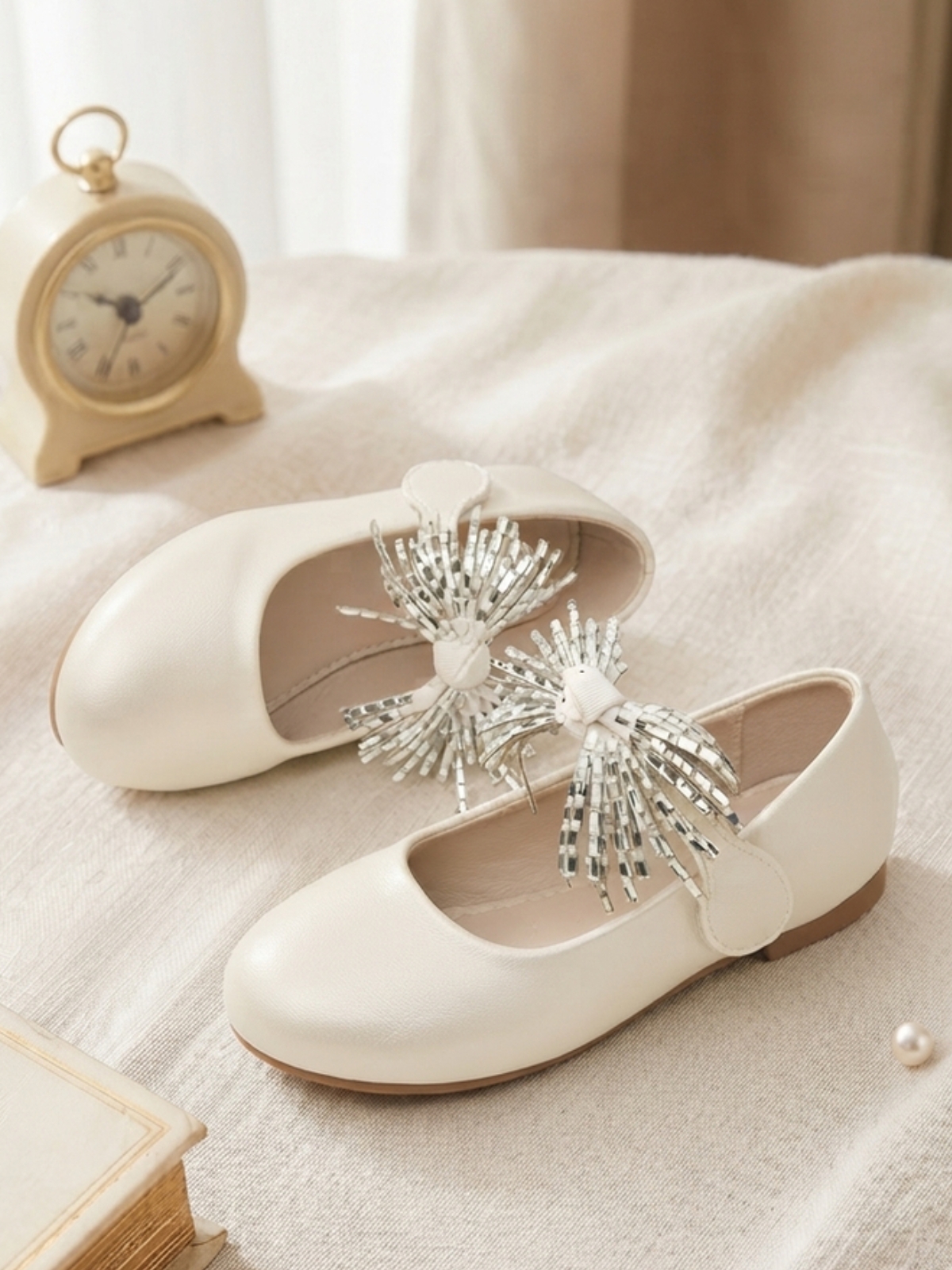 Girls Off-White Embellished Velcro Ballerinas