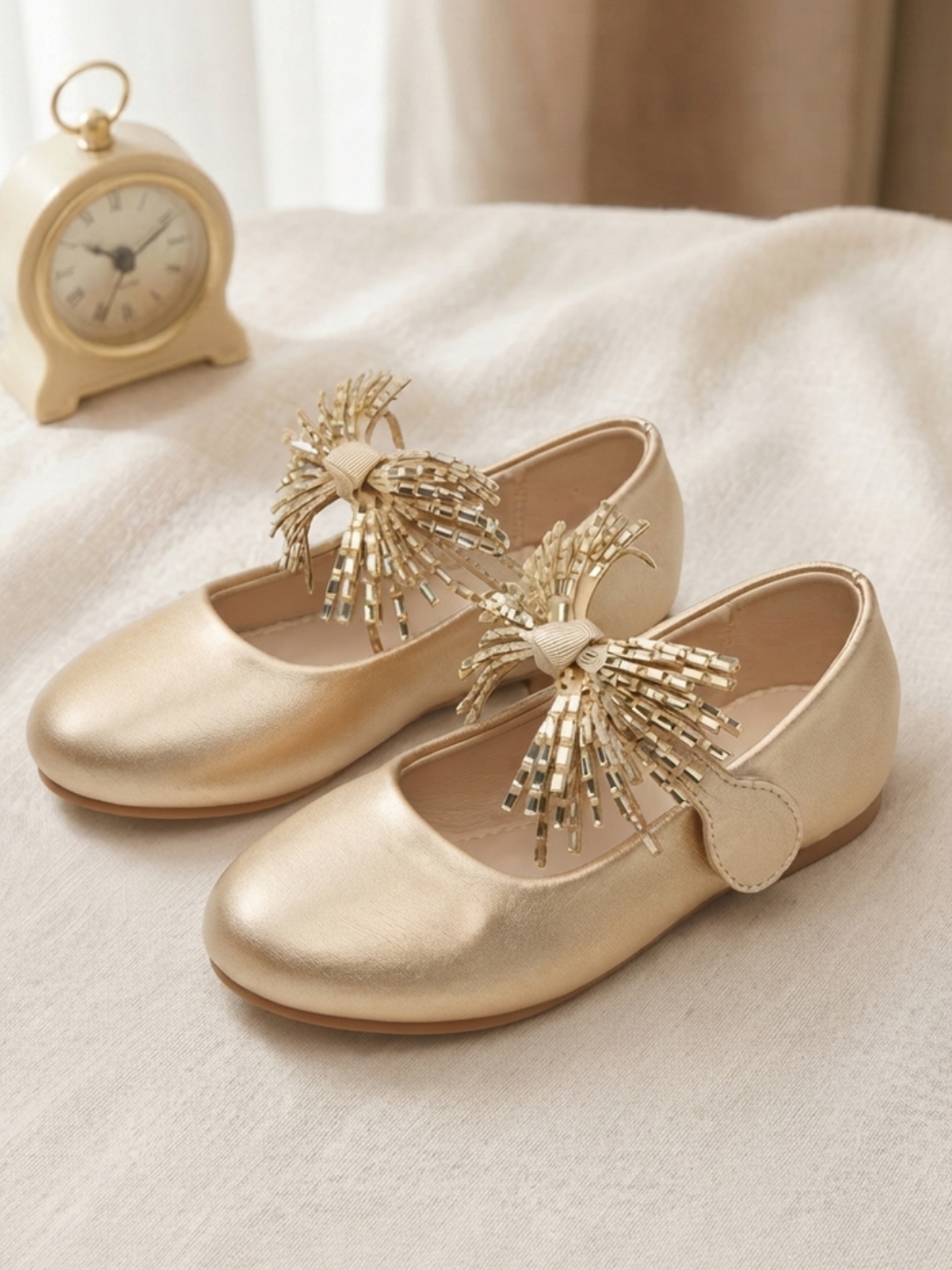 Glamorous Gold Mary Jane Flats with Beaded Bow