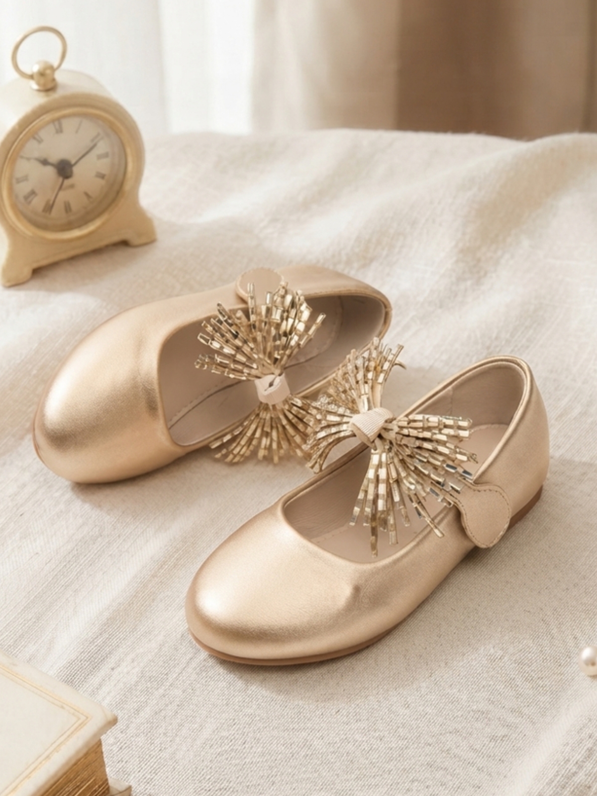 Glamorous Gold Mary Jane Flats with Beaded Bow