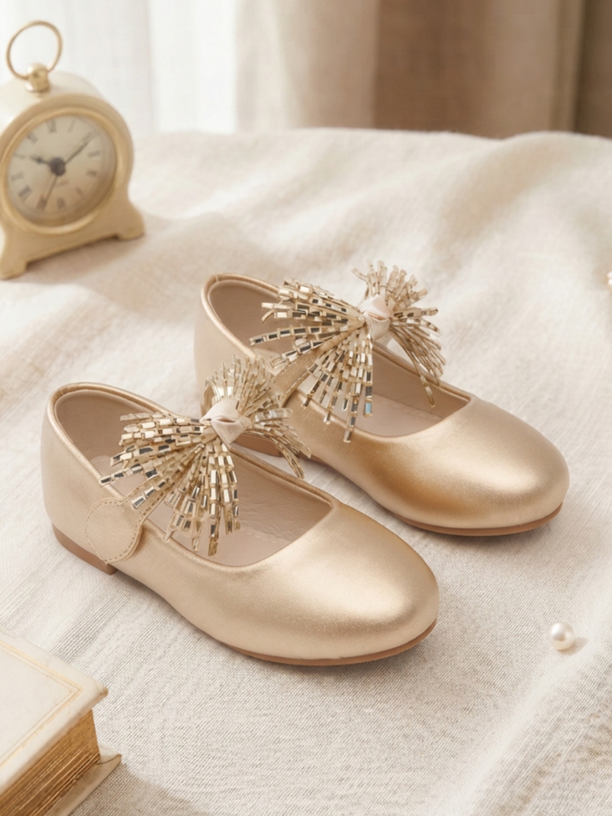 Glamorous Gold Mary Jane Flats with Beaded Bow