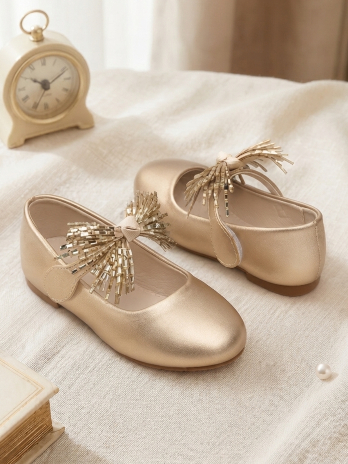 Glamorous Gold Mary Jane Flats with Beaded Bow