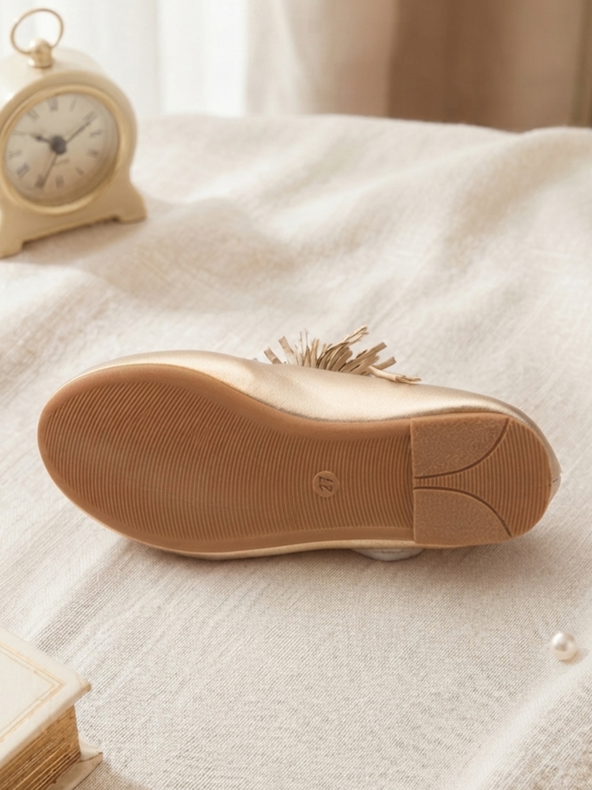 Glamorous Gold Mary Jane Flats with Beaded Bow