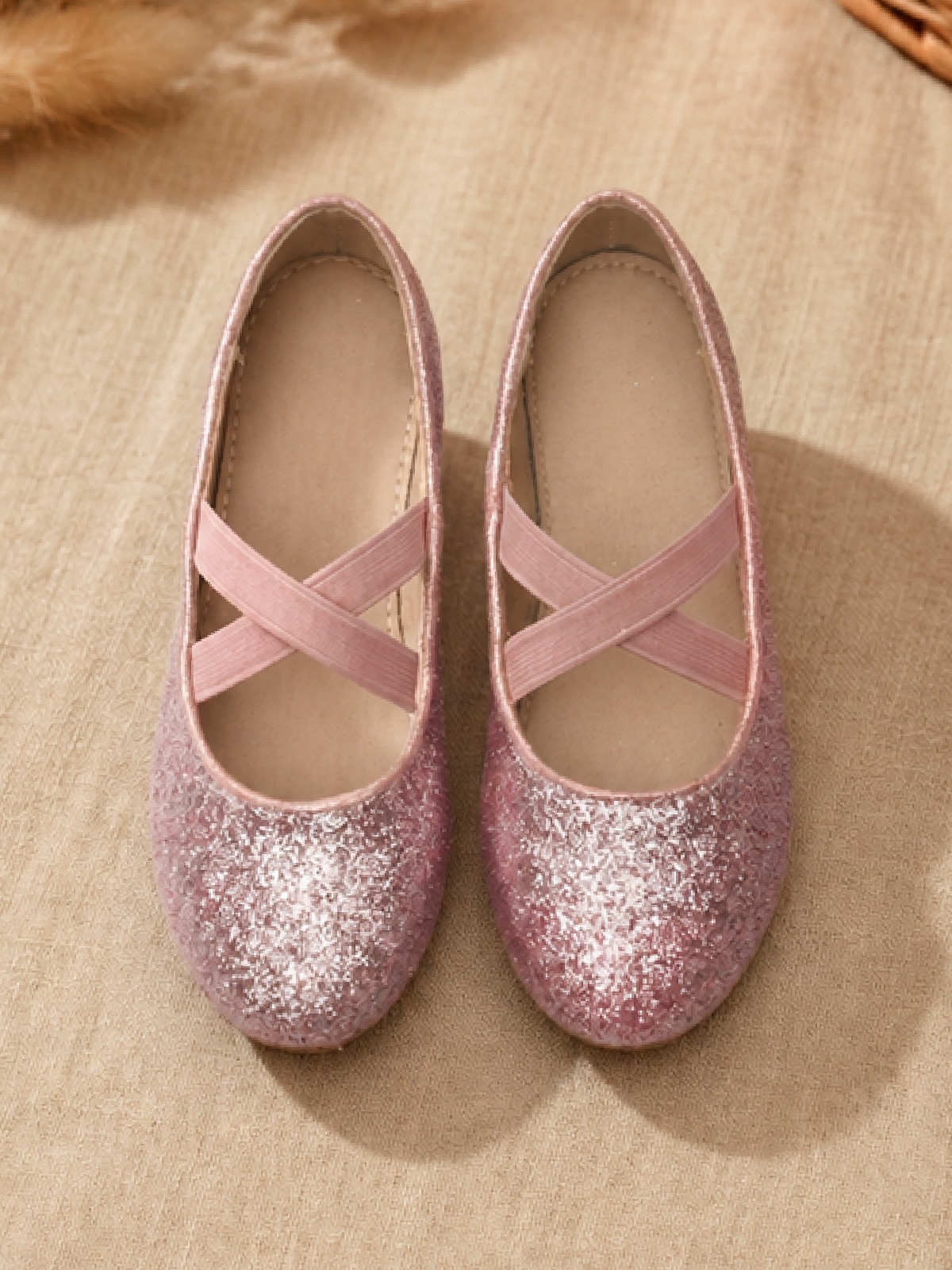 Girls Pink Glitter Flat Ballerinas with Elastic Straps