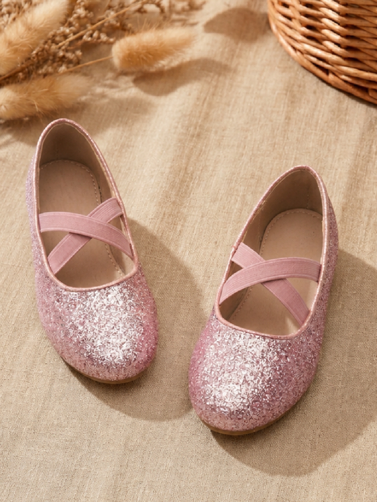 Girls Pink Glitter Flat Ballerinas with Elastic Straps