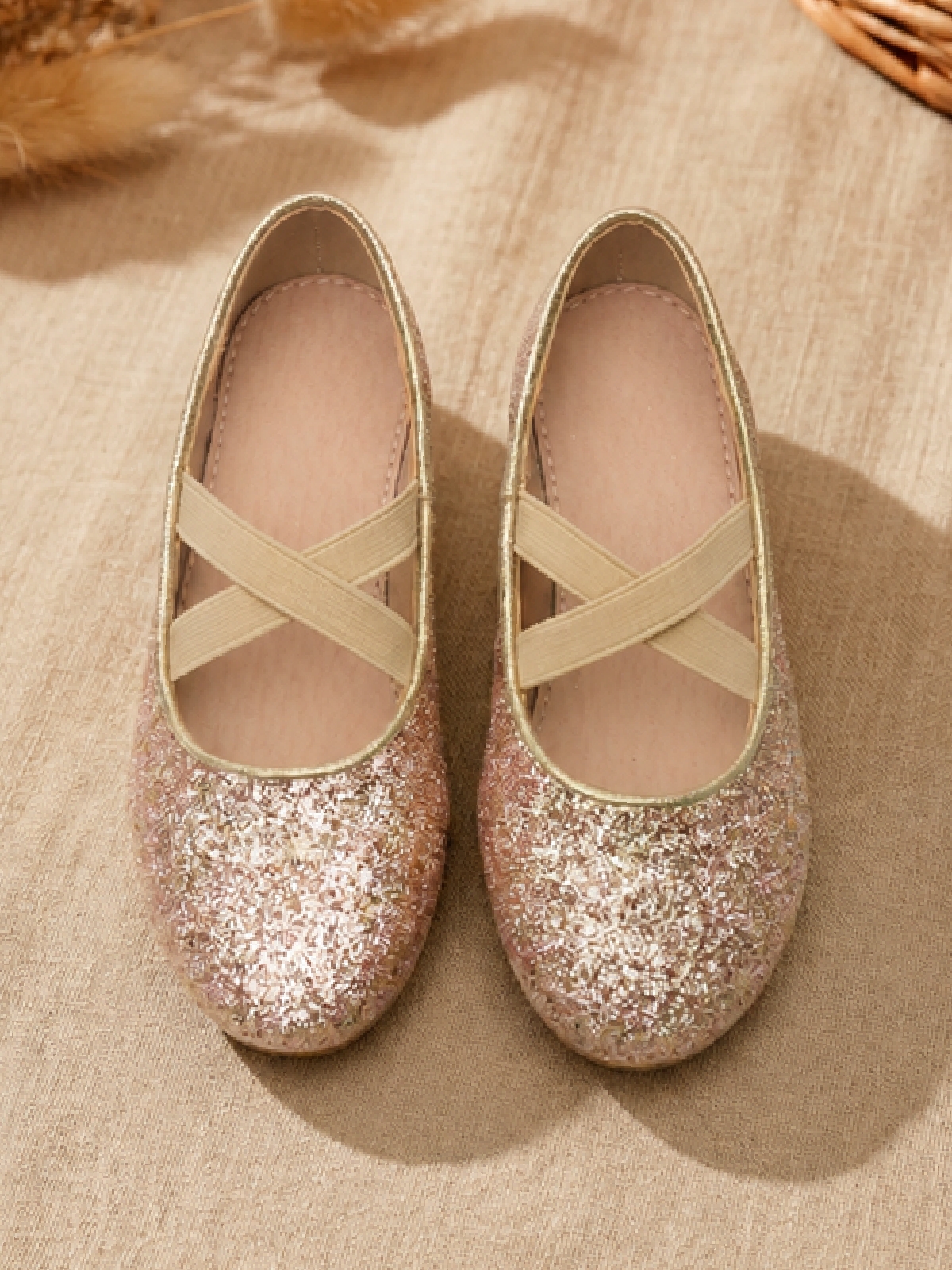 Girls Gold Glitter Ballerina Flats with Elastic Straps