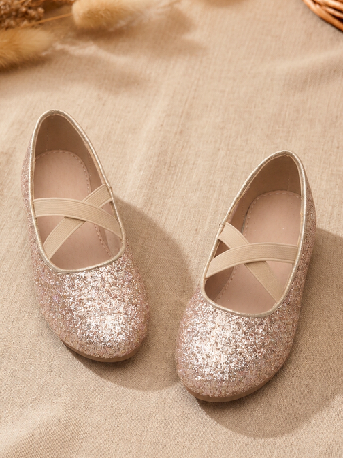 Girls Gold Glitter Ballerina Flats with Elastic Straps