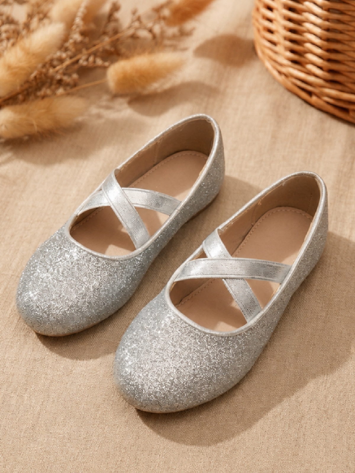 Girls Silver Ballerinas with Crisscross Straps