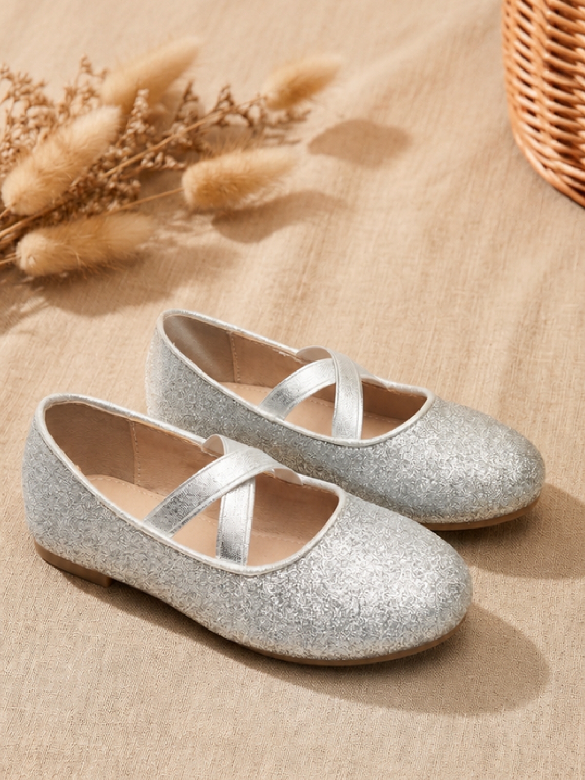 Girls Silver Ballerinas with Crisscross Straps
