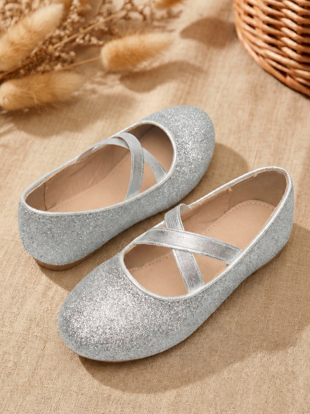 Girls Silver Ballerinas with Crisscross Straps