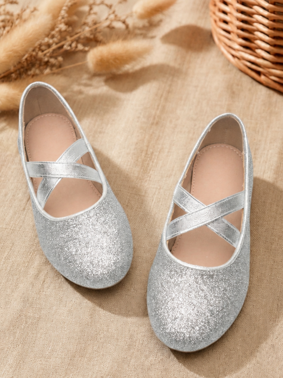 Girls Silver Ballerinas with Crisscross Straps