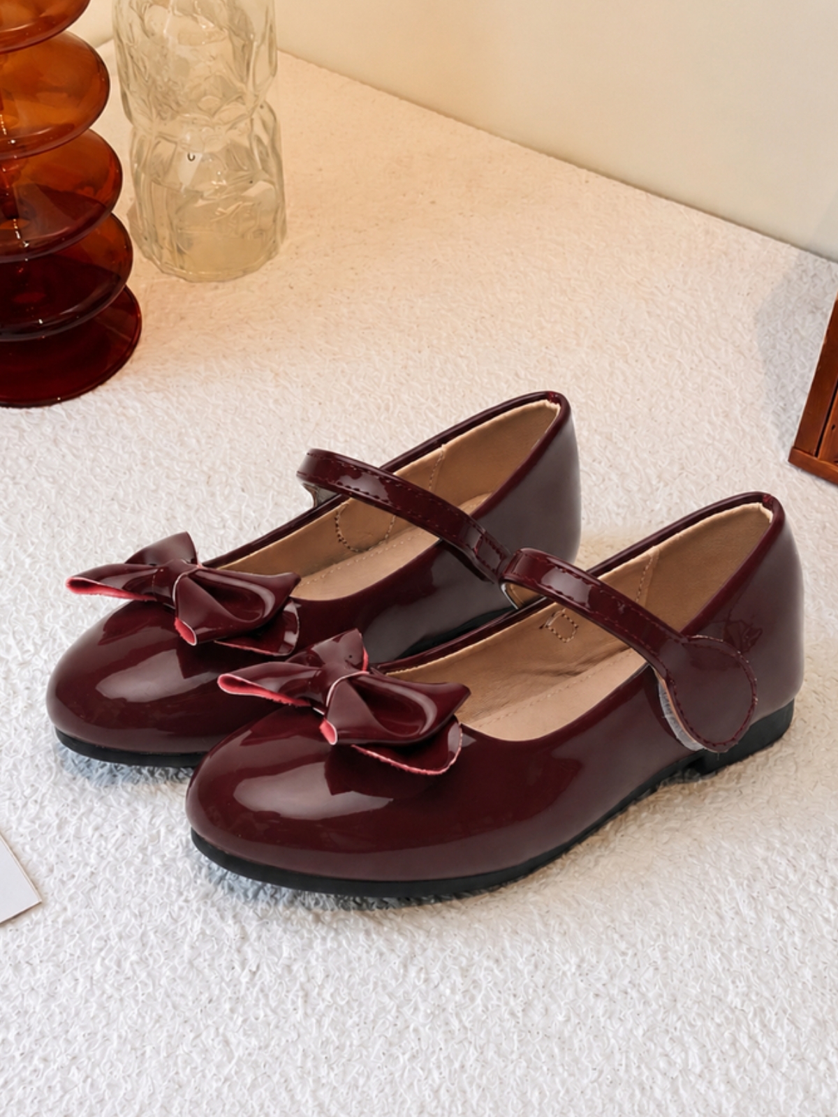 Girls Burgundy Patent Bow Mary Jane Ballerinas