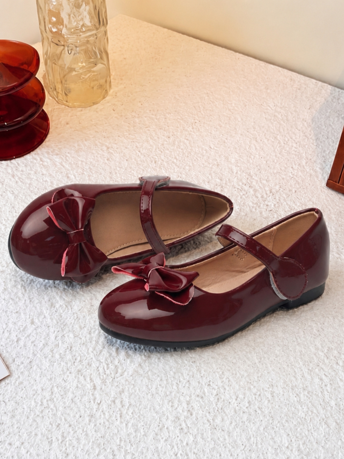 Girls Burgundy Patent Bow Mary Jane Ballerinas