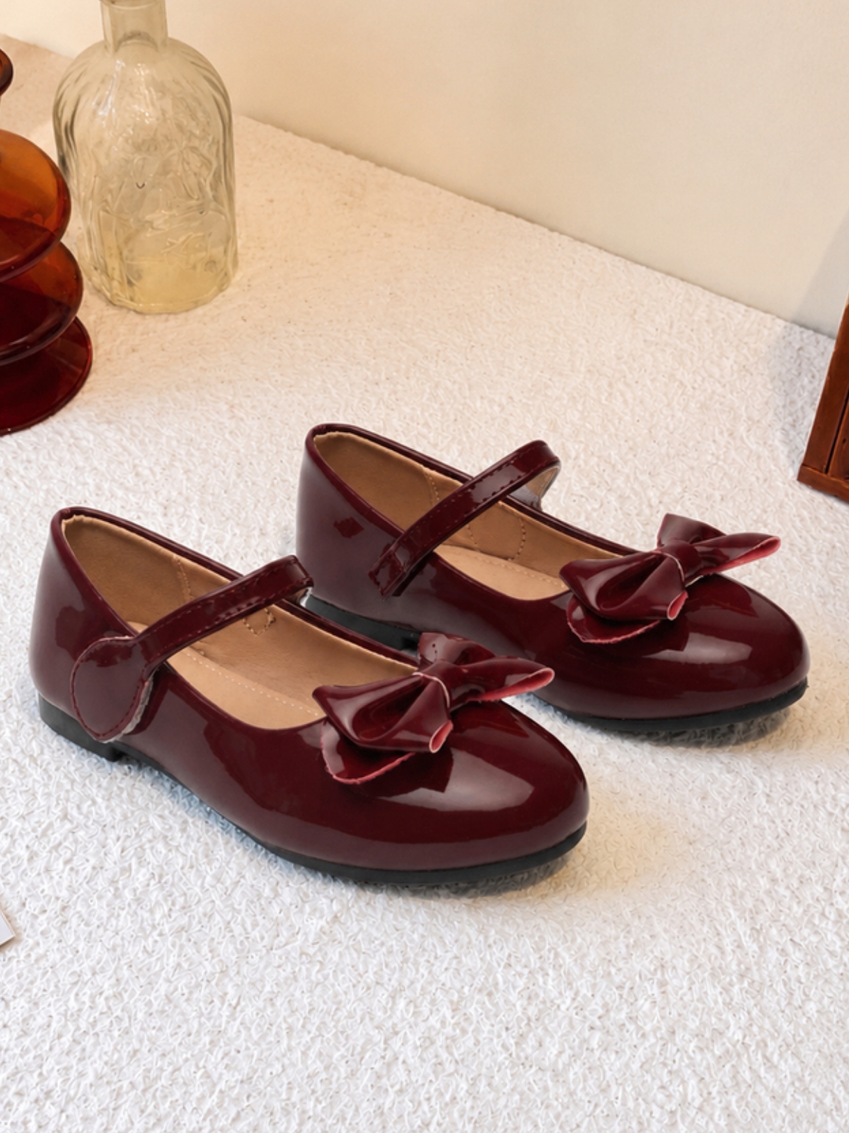 Girls Burgundy Patent Bow Mary Jane Ballerinas