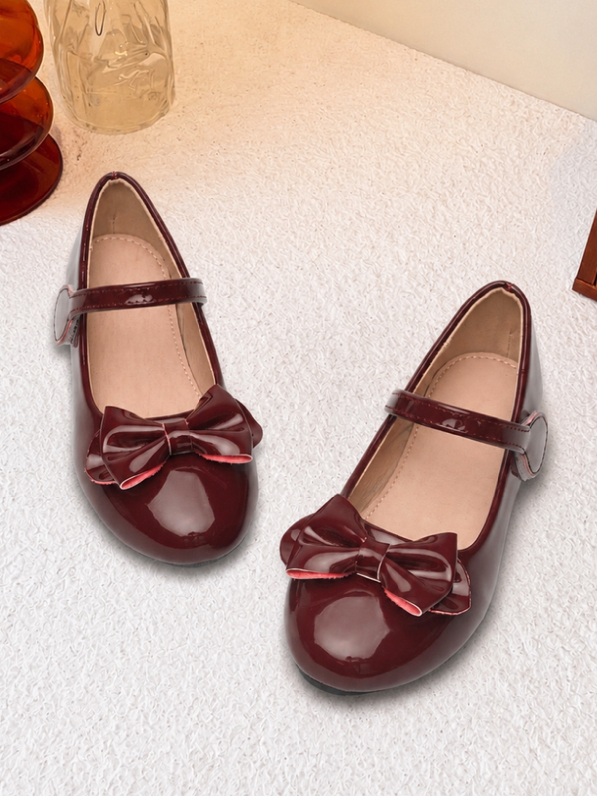 Girls Burgundy Patent Bow Mary Jane Ballerinas