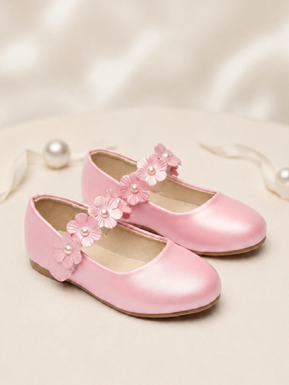 Light Pink Flower Pearl Velcro Ballerinas