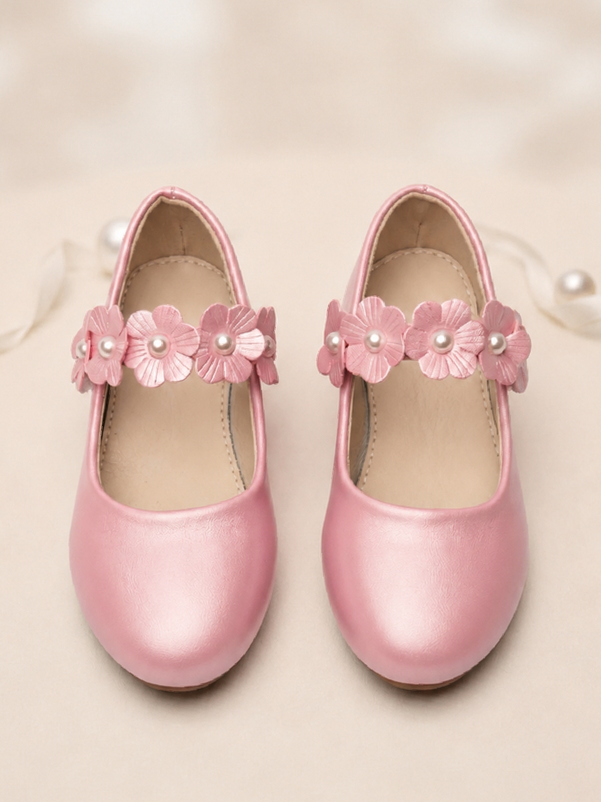 Light Pink Flower Pearl Velcro Ballerinas