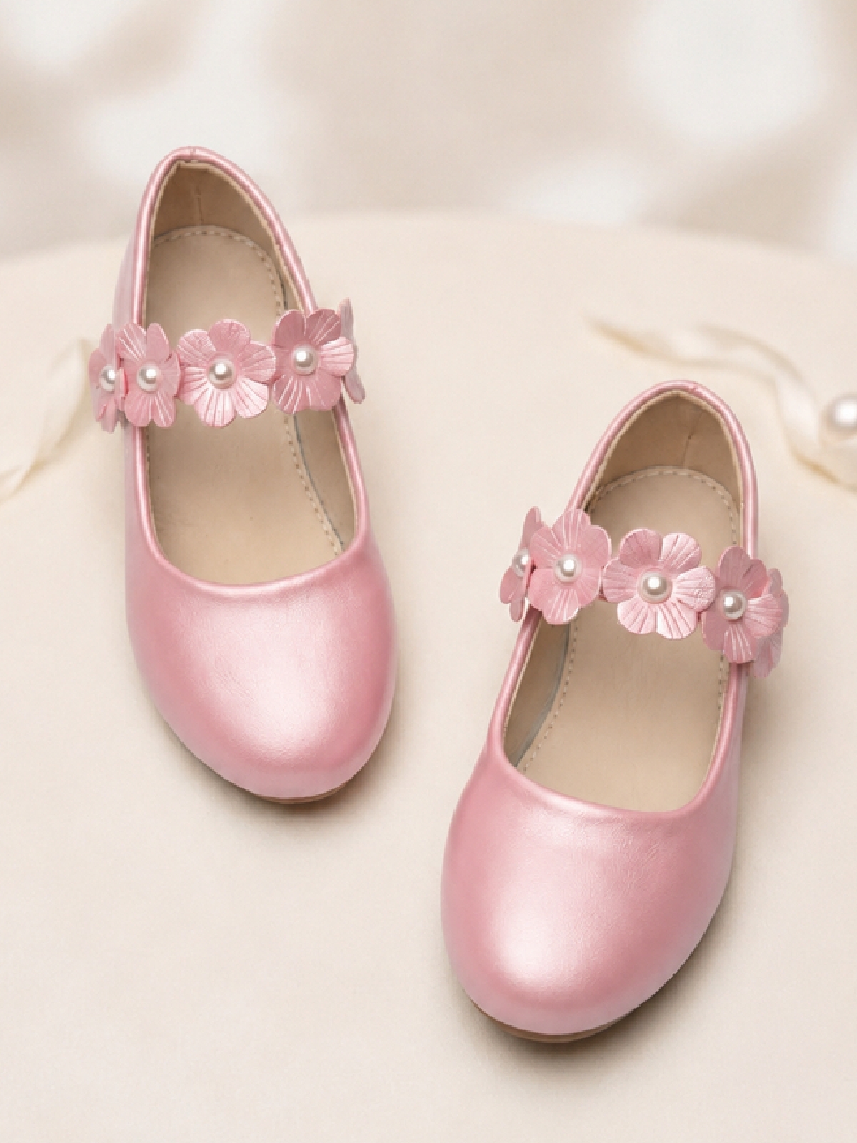 Light Pink Flower Pearl Velcro Ballerinas