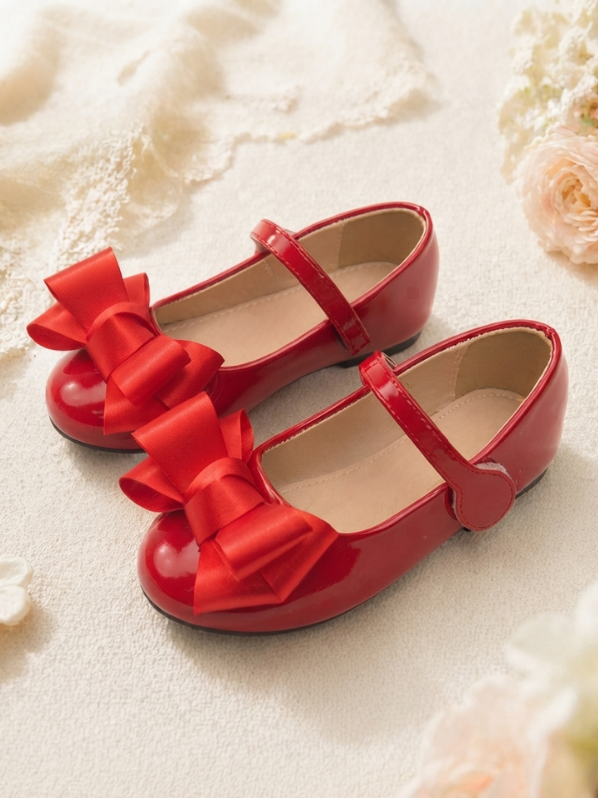 Girls Red Patent Mary Jane Flats with Bow Accent